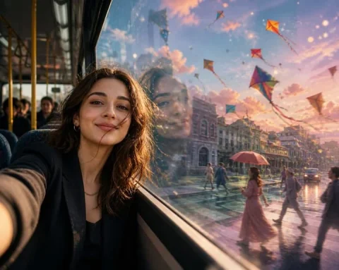 Surreal Bus Window Selfie — Nano Banana 2 AI Prompt: Create a hyper-realistic cinematic image from inside a moving city bus, shot lik...