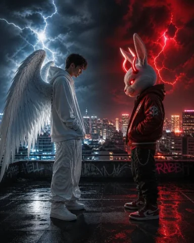 Cyberpunk Angel vs Demon Showdown — Nano Banana 2 AI Prompt: Hyperreal cinematic rooftop showdown at night in a futuristic megacity. A stylis...