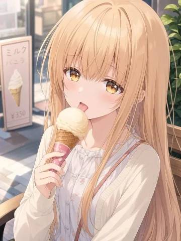 Blonde Anime Girl with Ice Cream — Nano Banana 2 AI Prompt: Create a soft, high-detail anime illustration of a cute young woman sitting at a...