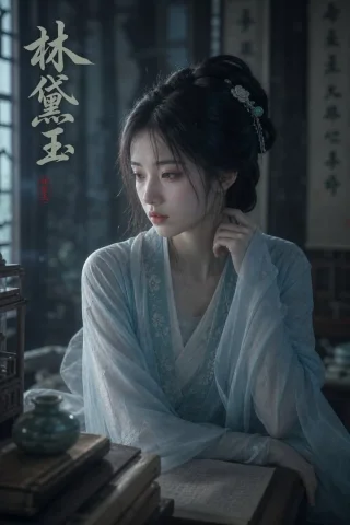 Melancholic Lin Daiyu Portrait — Nano Banana 2 AI Prompt: Create a moody cinematic portrait of Lin Daiyu, one of the heroines from Dream o...