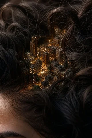 Miniature City Tiny Worlds — Nano Banana 2 AI Prompt: Macro photograph of a miniature city hidden in human hair, clearly on a real hum...