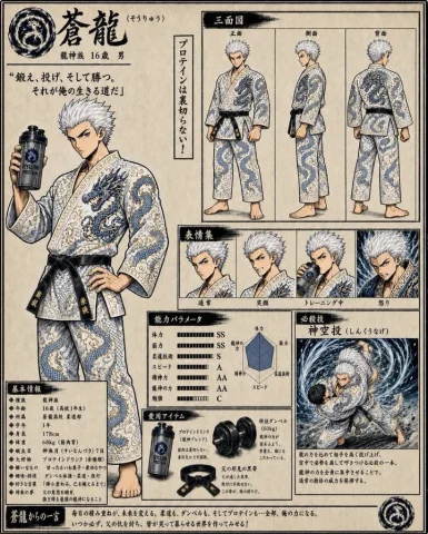 Fantasy Judo Anime Character Sheet — Nano Banana 2 AI Prompt: {"type":"vintage manga/anime character reference sheet for a fantasy judo fighte...