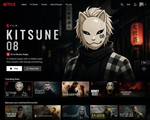 Netflix UI Homepage Generator — GPT Image 2.5 AI Prompt: Create a Netflix homepage UI featuring a main hero film with its title and still...