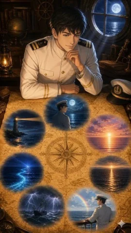 Moonlit Naval Officer Map Visions — Nano Banana 2 AI Prompt: {"type":"vertical cinematic anime illustration with maritime fantasy mood","aspe...