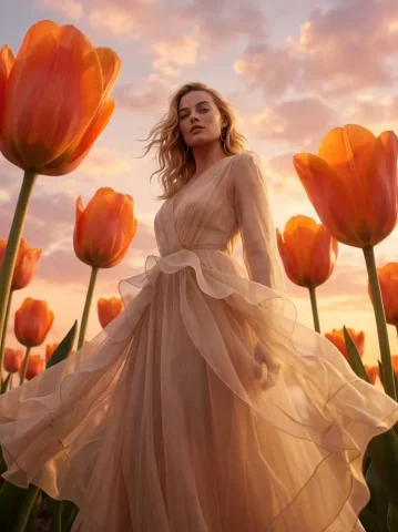 Giant Tulip Fashion Shot — Nano Banana 2 AI Prompt: Surreal cinematic fashion photograph captured from a dramatic low-angle shot loo...