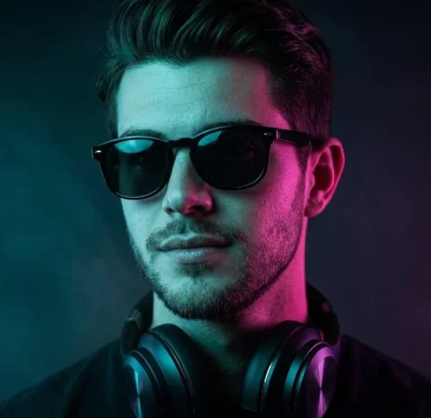 Neon Headphone Portrait — Nano Banana 2 AI Prompt: Moody cinematic portrait of a stylish man wearing black sunglasses and premium o...