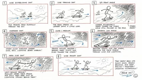 Rescue Chase Storyboard — Nano Banana 2 AI Prompt: Create a rough hand-drawn PREVIS + rescue chase storyboard page in 16:9 horizont...
