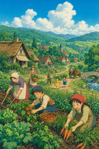 Pastoral Village Animation — Nano Banana 2 AI Prompt: [Subject]: Villagers in simple rural clothing. [Action]: Tending crops and harve...