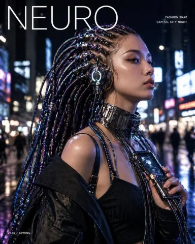 Cyberpunk Fashion Cover — Nano Banana 2 AI Prompt: Create a high-fashion cyberpunk magazine cover featuring a close-up street-style...
