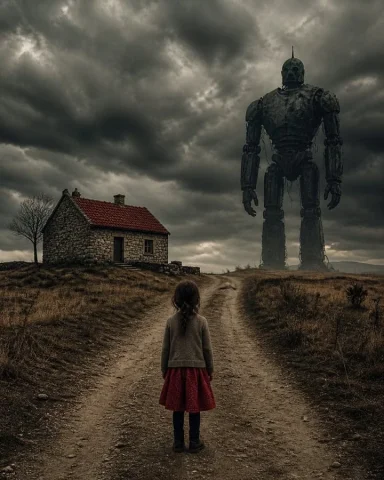 Girl Facing Giant Robot — Nano Banana 2 AI Prompt: Create a dark cinematic photorealistic rural science-fiction scene in a vertical...