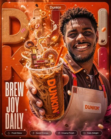 Iced Coffee Poster — Nano Banana 2 AI Prompt: {"type":"vertical commercial poster for a coffee brand","brand":"Dunkin","aspect...