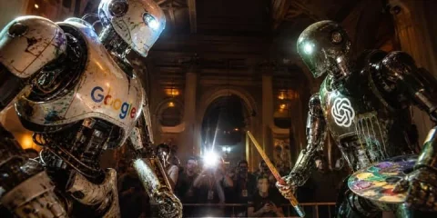Museum Robot Duel — Nano Banana 2 AI Prompt: Create a cinematic ultra-realistic wide-angle photo of two giant humanoid painti...