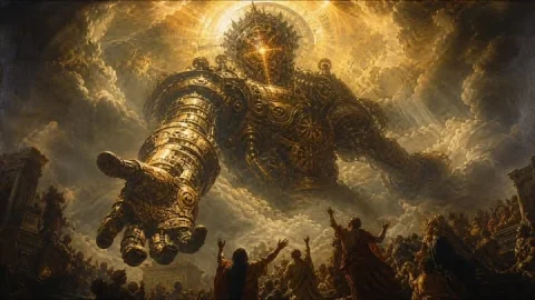 Clockwork Titan Painting — Nano Banana 2 AI Prompt: Create a monumental Baroque oil painting with Romantic-era grandeur depicting a...