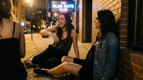 Nightclub Sidewalk Candid — Nano Banana 2 AI Prompt: Create a gritty cinematic street-photography scene at night outside a jazz club,...