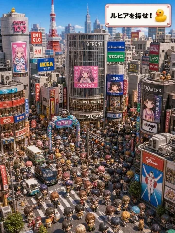 Find Ruhia in Shibuya — Nano Banana 2 AI Prompt: {"type":"highly detailed isometric 3D hidden-object city scene","title_text":"ル...