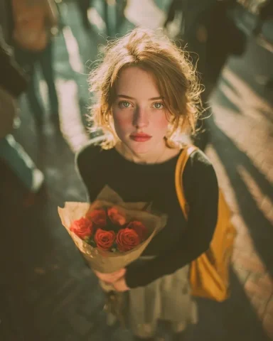 Film Grain Portrait — Nano Banana 2 AI Prompt: A high-angle, top-down cinematic portrait of a young woman with wavy brown hair...