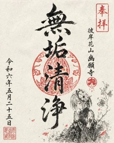 Goshuin Character Art — Nano Banana 2 AI Prompt: Use this character to draw a fictional temple goshuin-style illustration. Keep t...