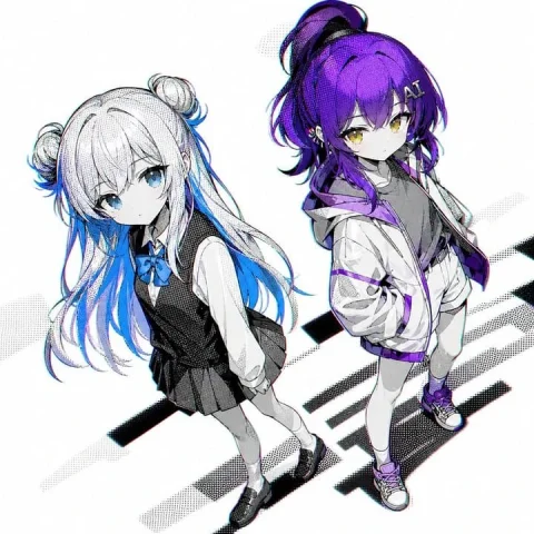 Accent-Hair Anime Girls — Nano Banana 2 AI Prompt: A clean white-background anime illustration of two teenage girls standing side b...