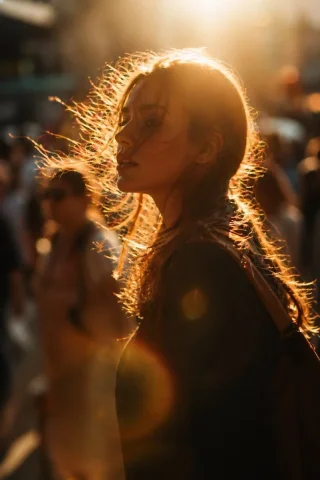 Golden Street Portrait — Nano Banana 2 AI Prompt: Cinematic golden hour street portrait of a young woman in side profile, walking...