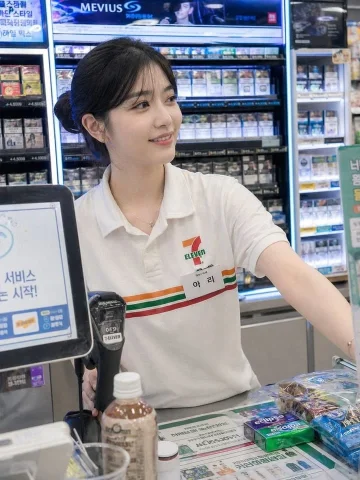 Convenience Store Cashier — Nano Banana 2 AI Prompt: A beautiful young Korean woman in her 20s works as a convenience store cashier,...