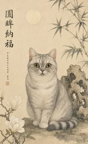 Classical Chinese Pet Portrait — Nano Banana 2 AI Prompt: Using REFERENCE_0 as the pet base, transform the cat into a refined traditional...