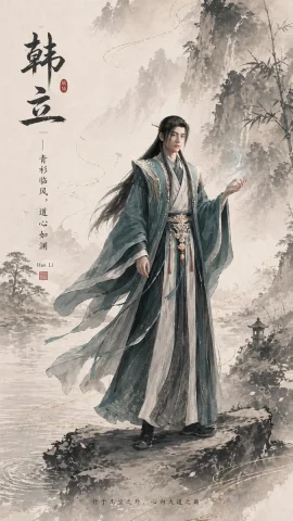 Ink-Wash Han Li Poster — Nano Banana 2 AI Prompt: A vertical new-Chinese-style fantasy character poster on textured xuan paper, re...