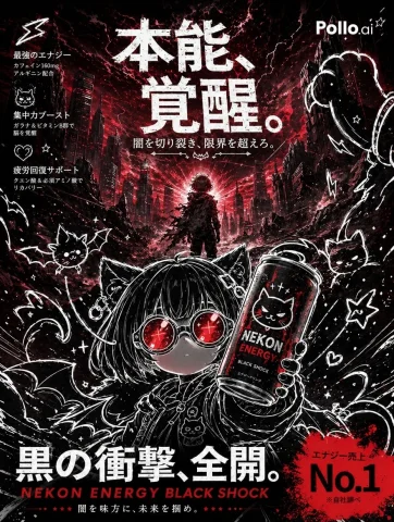 Dark Energy Drink Poster — Nano Banana 2 AI Prompt: A dramatic commercial anime poster for a fictional energy drink brand, in a blac...