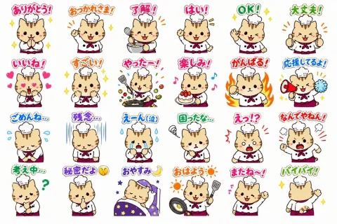 Chef Cat Stickers — Nano Banana 2 AI Prompt: {"type":"LINE sticker sheet","style":"cute Japanese mascot sticker set, clean wh...