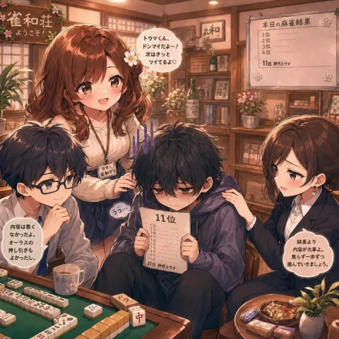 Mahjong Comfort Scene — Nano Banana 2 AI Prompt: A warm, cozy anime-style illustration set inside a traditional Japanese mahjong...