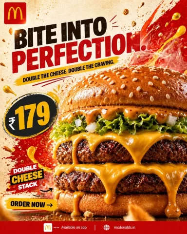 Double Cheeseburger Ad — Nano Banana 2 AI Prompt: A bold, high-impact fast-food advertisement poster for McDonald's, designed in a...