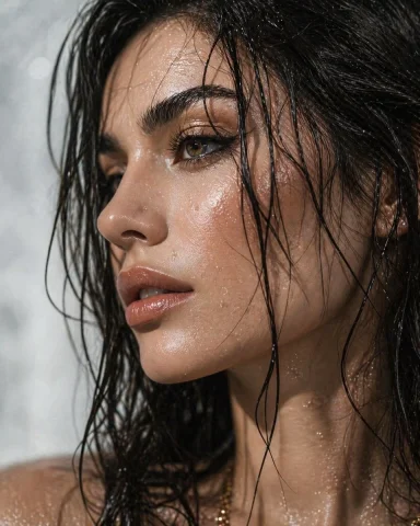 Wet Glow Portrait — Nano Banana 2 AI Prompt: Ultra-detailed close-up portrait of a young woman’s face captured in profile, ba...