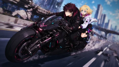 Cyberpunk Two-Rider Chase — Nano Banana 2 AI Prompt: A dynamic anime-style cyberpunk action illustration of 2 riders on 1 futuristic...