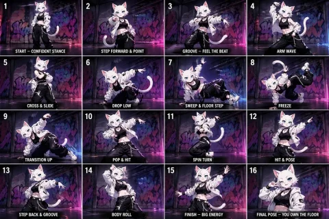 Anime Dance Grid — Nano Banana 2 AI Prompt: Create a 4x4 anime grid showing a beautiful, confident white-cat street-dancer i...