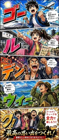 Golden Week Travel Poster — Nano Banana 2 AI Prompt: {"type":"Japanese Golden Week travel poster in manga comic style","style":{"genr...