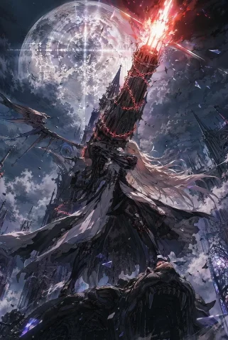 Moonlit Cannon Maiden — Nano Banana 2 AI Prompt: A dramatic dark fantasy anime illustration in a towering vertical composition, v...
