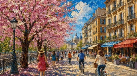 Impasto Spring Paris — Nano Banana 2 AI Prompt: A joyful springtime Paris street scene in a richly textured impasto oil painting...