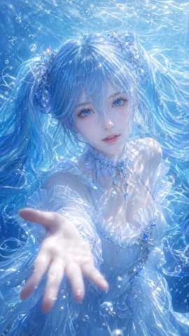 Underwater Fantasy CG — GPT Image 2.5 AI Prompt: An adult fantasy-style girl with water-blue ultra-long twin tails, her hair silk...