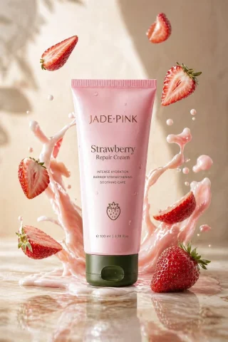 Strawberry Repair Cream Shot — GPT Image 2.5 AI Prompt: A sleek jade-pink tube labeled "Strawberry Repair Cream" upright on glossy marbl...