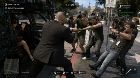 Bodyguard Game Scene — GPT Image 2.5 AI Prompt: a highly detailed 3d third-person gaming scene of a bodyguard fighting off papar...