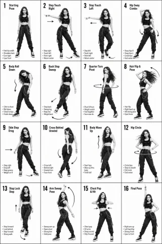 K-Pop Dance Step Guide — GPT Image 2.5 AI Prompt: K-Pop Dance 16-Step Instruction Sheet (4×4 Grid) [VISUAL STYLE] High-end K-pop...