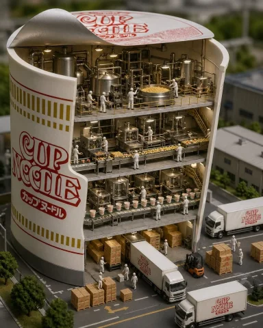 Cup Noodle Factory Cutaway — GPT Image 2.5 AI Prompt: A precise diorama showing a cross-section of a giant Cup Noodle container. Insid...