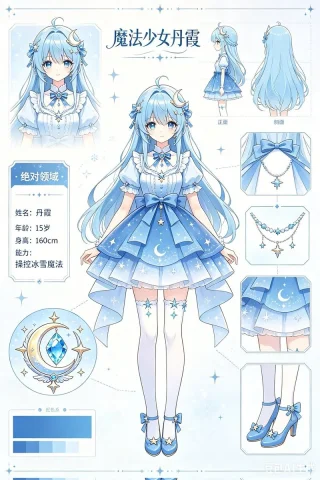 Blue Magical Girl — GPT Image 2.5 AI Prompt: {"type":"anime character reference sheet","style":"luxurious pastel magical-girl...