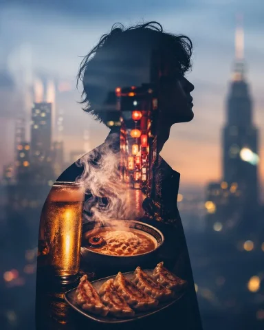 Urban Double Exposure — GPT Image 2.5 AI Prompt: A fantastical urban night scene with neon and misty lights. A silhouette of a ma...