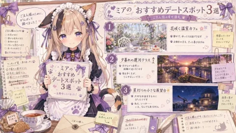 Catmaid Date Map — GPT Image 2.5 AI Prompt: {"type":"anime scrapbook-style recommendation poster","theme":"cute cat-maid dat...