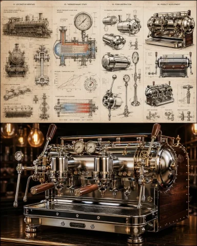 Steam Locomotive Espresso — GPT Image 2.5 AI Prompt: Industrial retrospection, 1920s steam locomotive engine schematics shaping a hig...