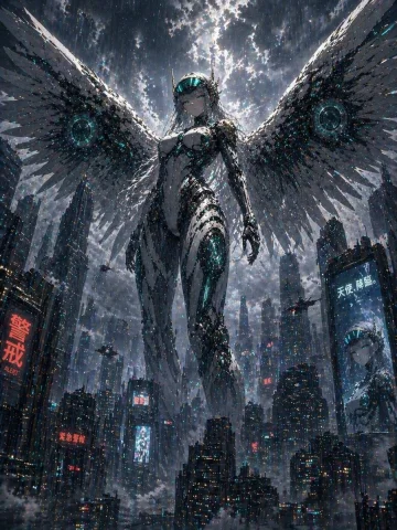 Cyber Angel Megacity — GPT Image 2.5 AI Prompt: A colossal machine angel girl hovering above a dense futuristic megacity at nigh...