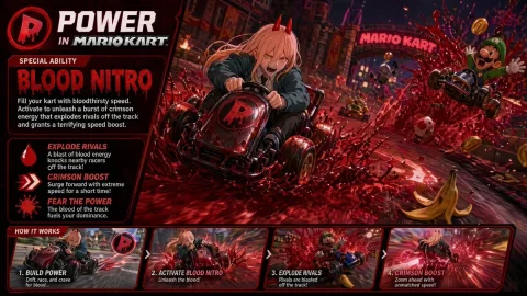 Kart Power Poster — GPT Image 2.5 AI Prompt: {"type":"video game promotional poster","theme":"dark parody crossover of Mario...