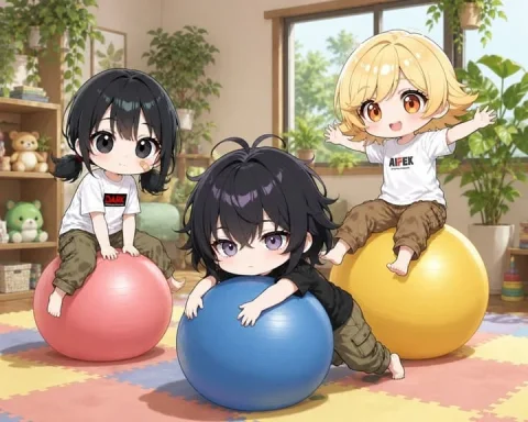 Playful Balance Ball Kids — GPT Image 2.5 AI Prompt: A cute chibi anime illustration of 3 small children playing indoors on large exe...
