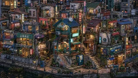 Dusk Canal Miniature — GPT Image 2.5 AI Prompt: A highly detailed cinematic isometric street-scene illustration of a dense retro...