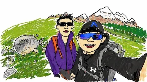 Hiking Doodle Journal — GPT Image 2.5 AI Prompt: Using the provided reference photo, redraw the exact same hiking selfie as a loo...